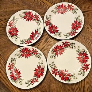 Totally Today Christmas Poinsettia 10" Dinner Plates Set of 4 Holiday Dinnerware